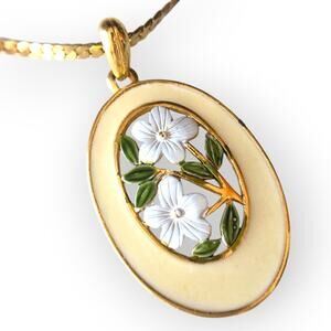 Vintage enamel floral pendant necklace, gold tone
